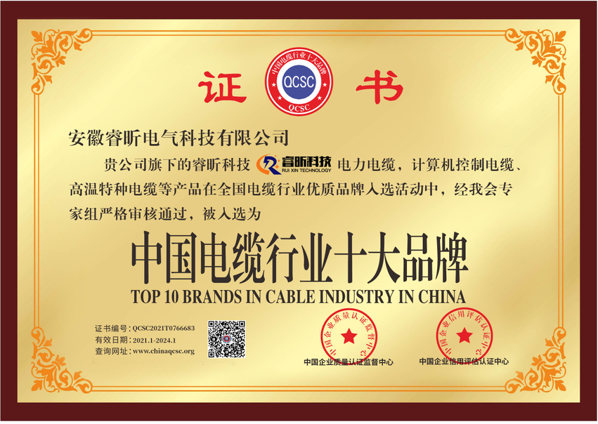 中国电缆行业十大品牌荣誉证书